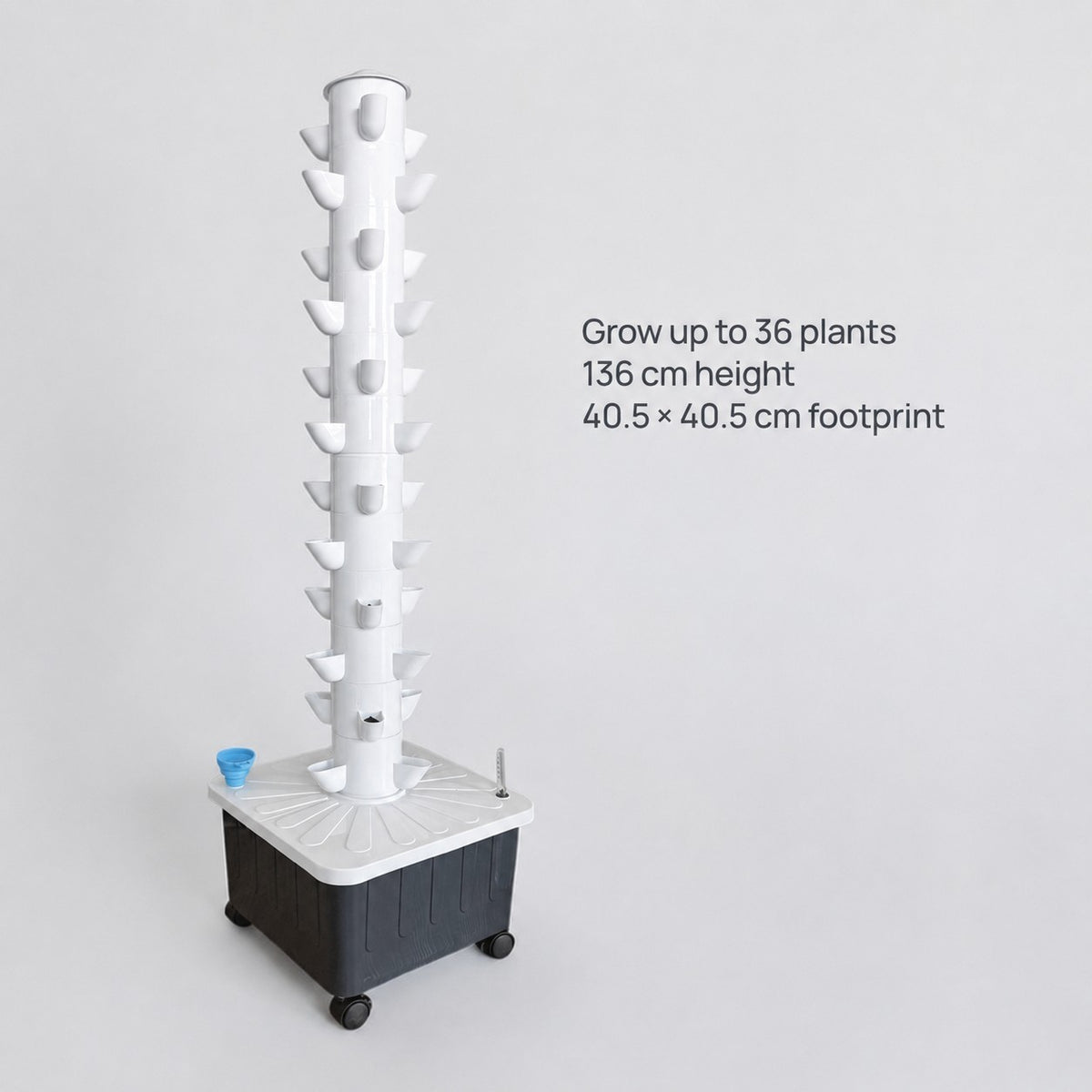 FlowGrow 12 Layer Tower dimensions and 36 plant growing capacity