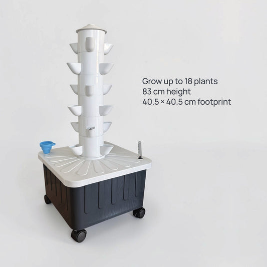 FlowGrow 6 Layer Tower dimensions and 18 plant growing capacity