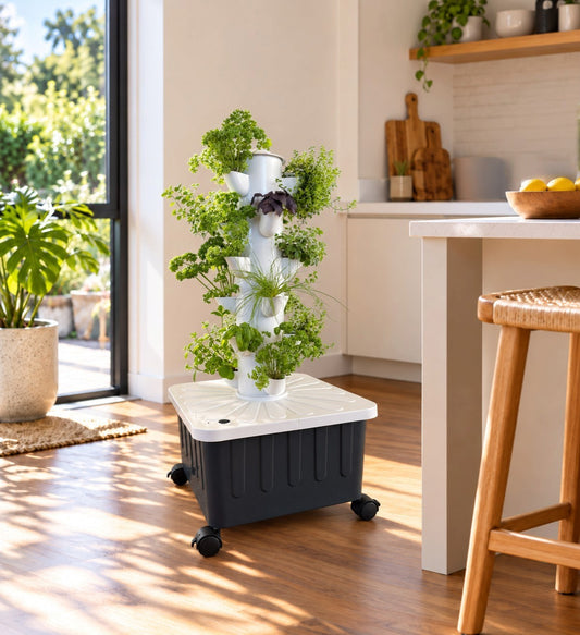 FlowGrow 6 Layer hydroponic herb tower growing fresh parsley, basil, chives and other herbs in a bright, sunlit modern kitchen beside a window.