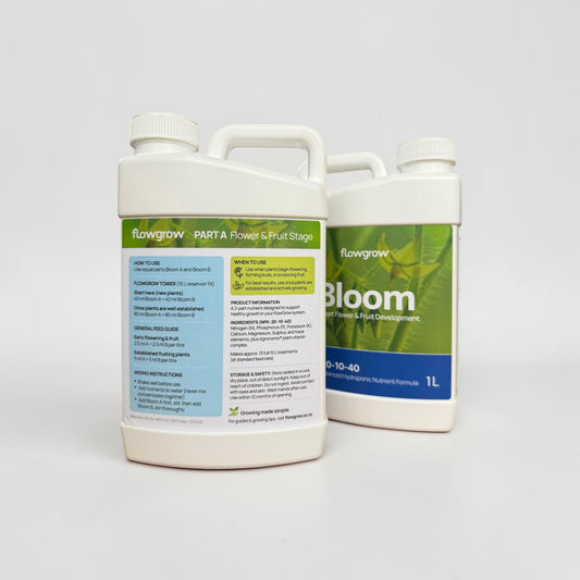 Back label of FlowGrow Bloom hydroponic nutrient bottle with mixing information