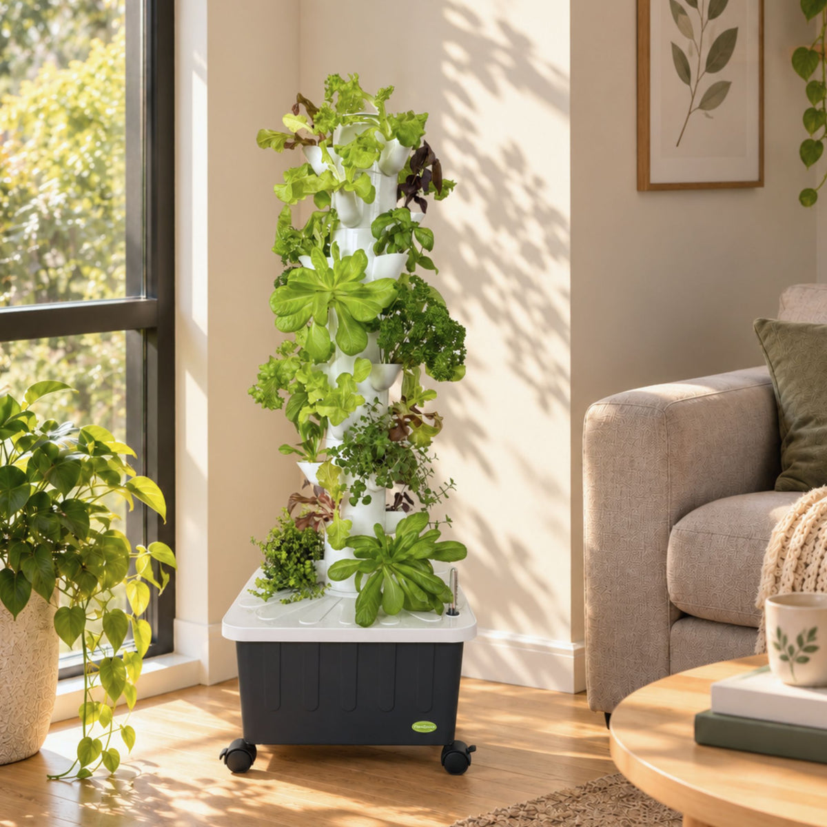 FlowGrow 9 Layer hydroponic tower garden growing fresh leafy greens and herbs beside a sunny window in a modern New Zealand living room.