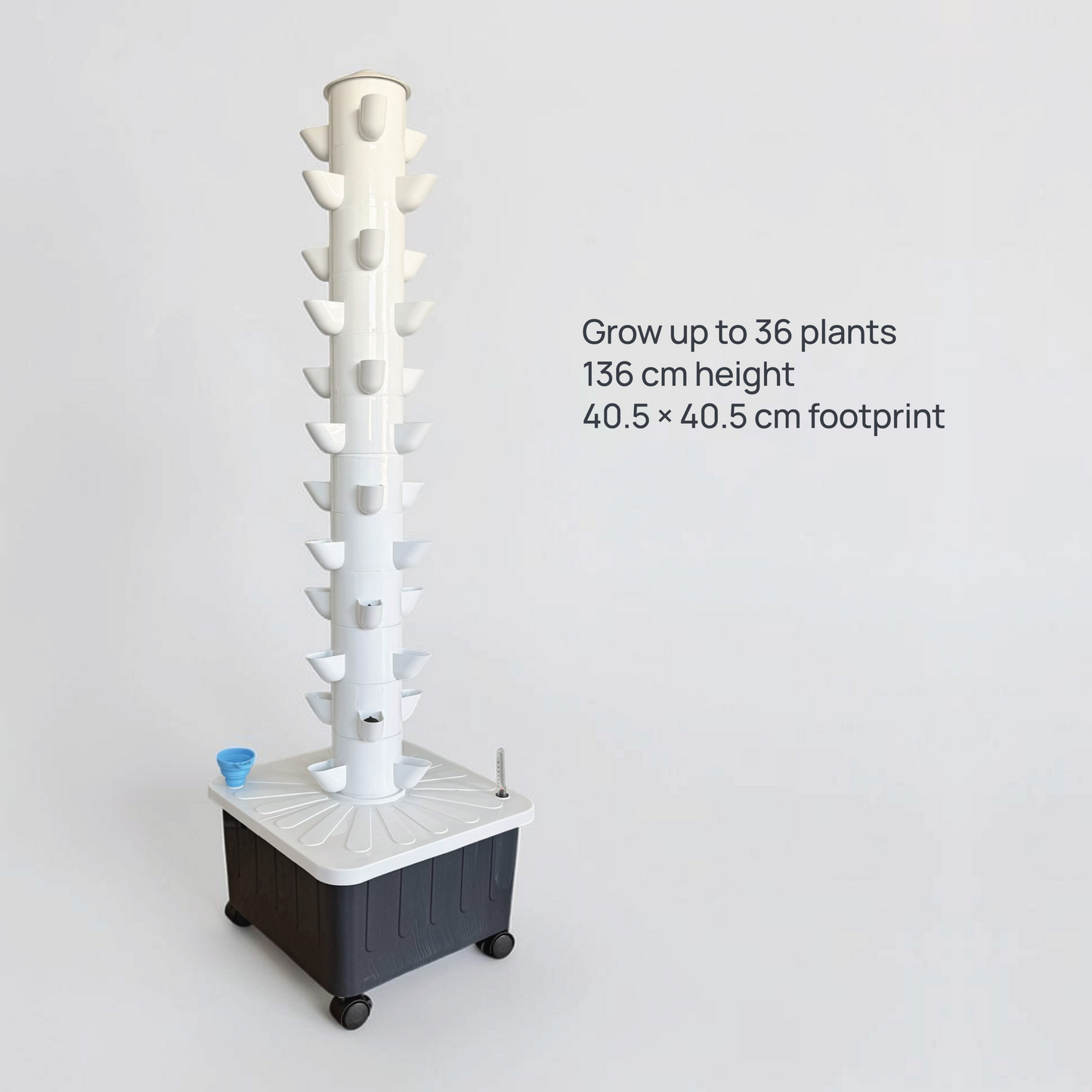 FlowGrow 12 Layer Tower dimensions and 36 plant growing capacity