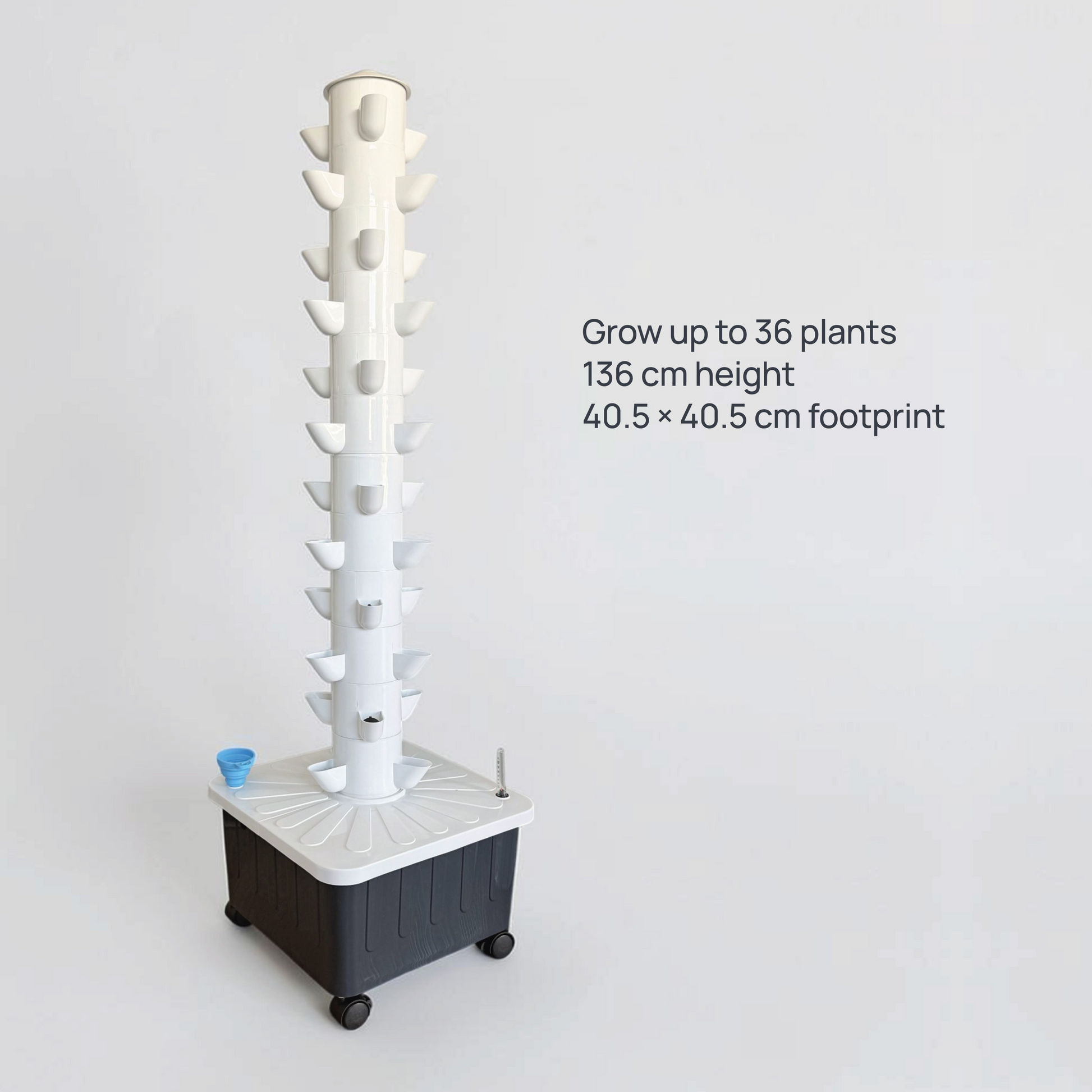FlowGrow 12 Layer Tower dimensions and 36 plant growing capacity