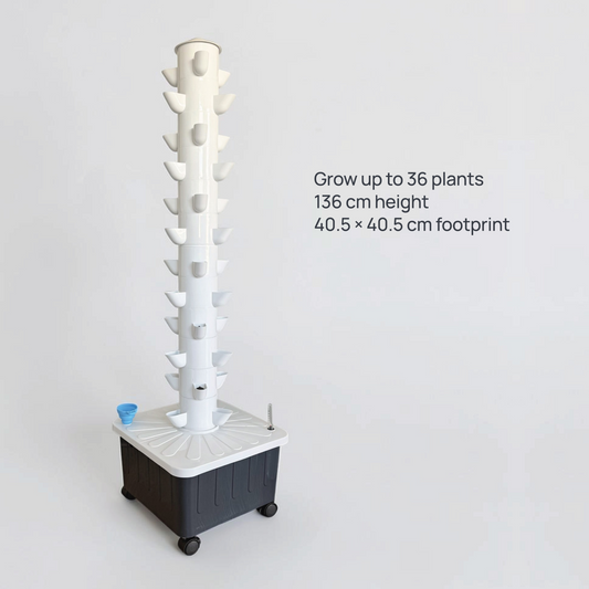 FlowGrow 12 Layer Tower dimensions and 36 plant growing capacity
