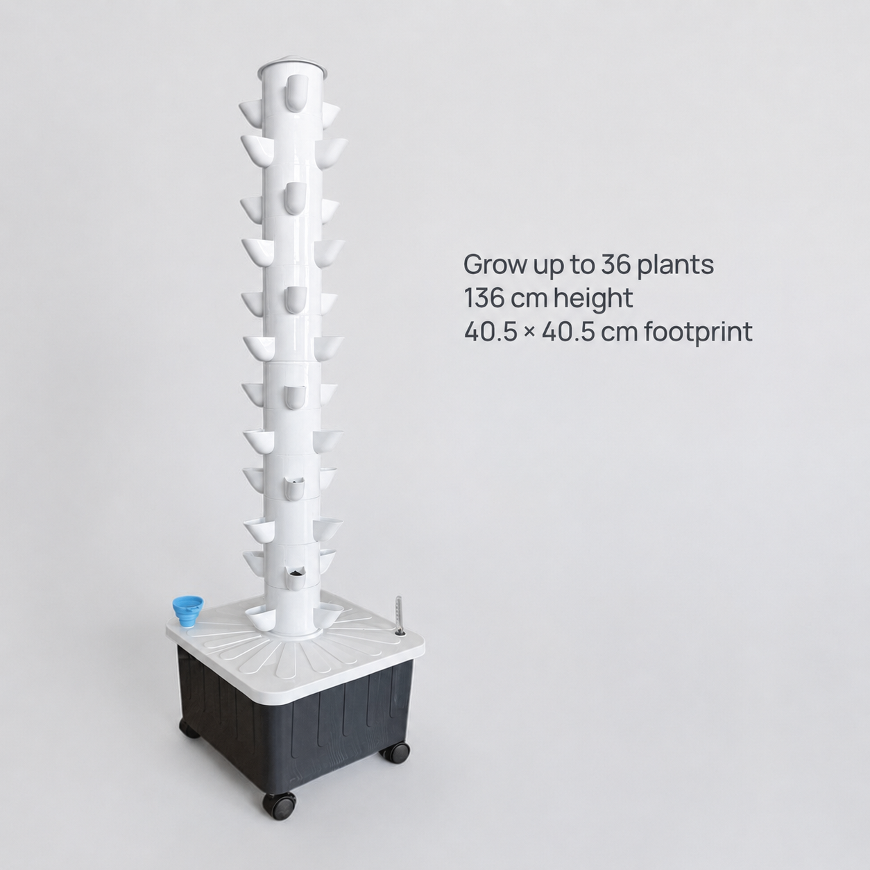 FlowGrow 12 Layer Tower dimensions and 36 plant growing capacity