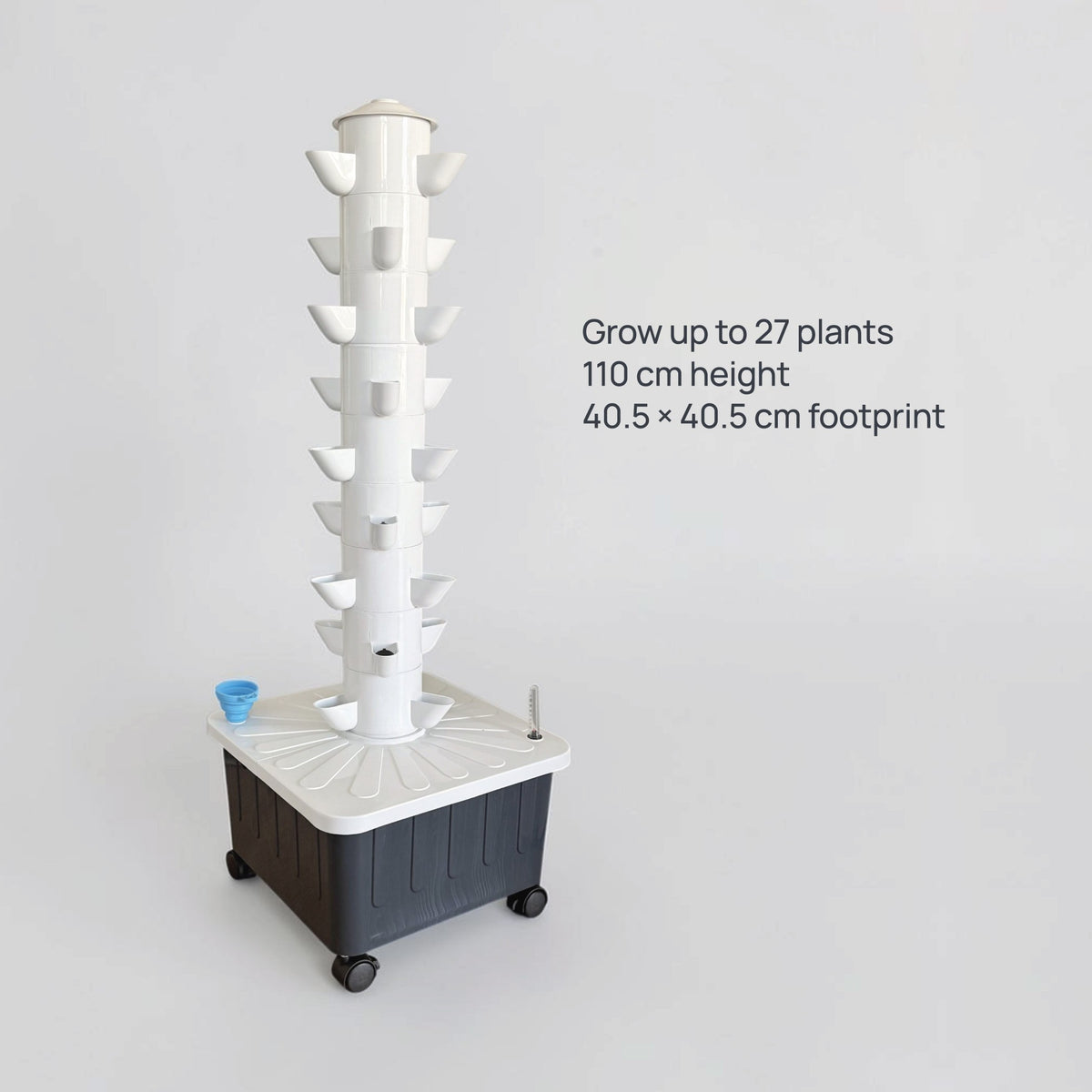FlowGrow 9 Layer Tower dimensions and 27 plant growing capacity