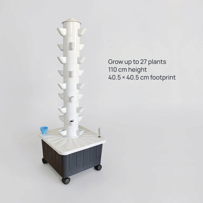 FlowGrow 9 Layer Tower dimensions and 27 plant growing capacity