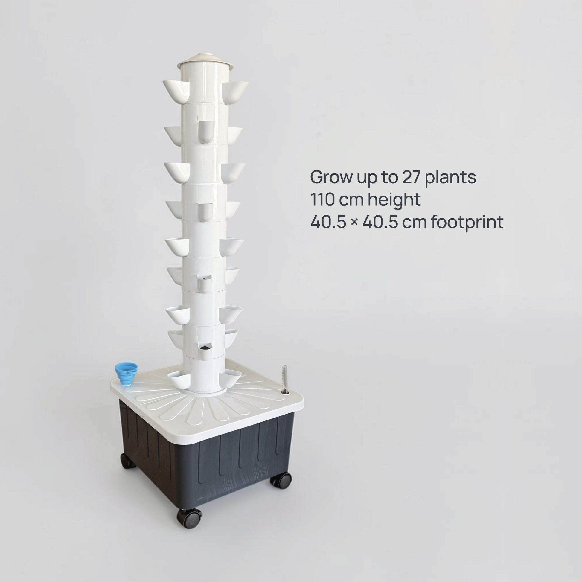 FlowGrow 9 Layer Tower dimensions and 27 plant growing capacity
