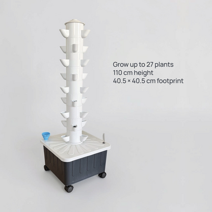 FlowGrow 9 Layer Tower dimensions and 27 plant growing capacity