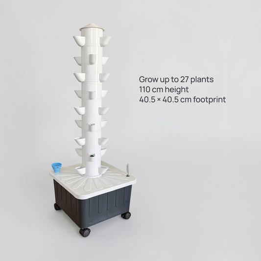 FlowGrow 9 Layer Tower dimensions and 27 plant growing capacity