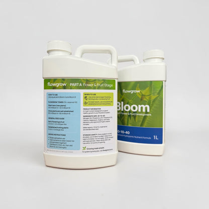 Back label of FlowGrow Bloom hydroponic nutrient bottle with mixing information