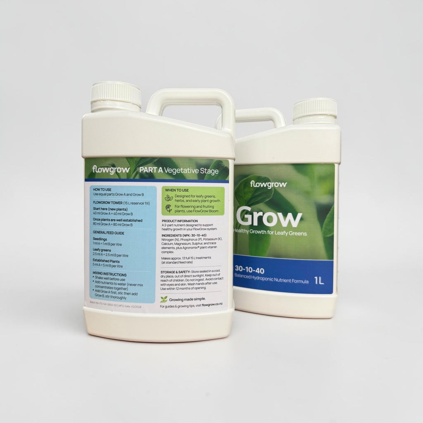 Back label of FlowGrow hydroponic nutrient bottle with mixing information