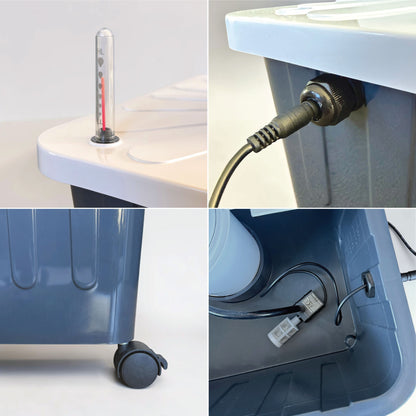 FlowGrow tower water flow system showing pump hose and flow cap details