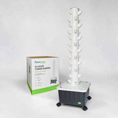 FlowGrow 12 Layer Hydroponic Tower Garden with retail packaging