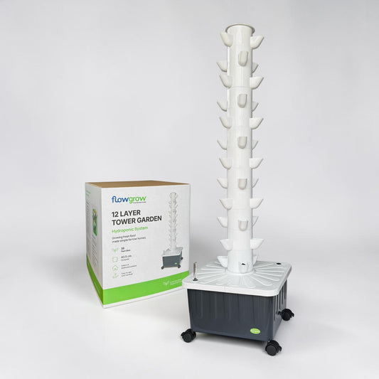 FlowGrow 12 Layer Hydroponic Tower Garden with retail packaging