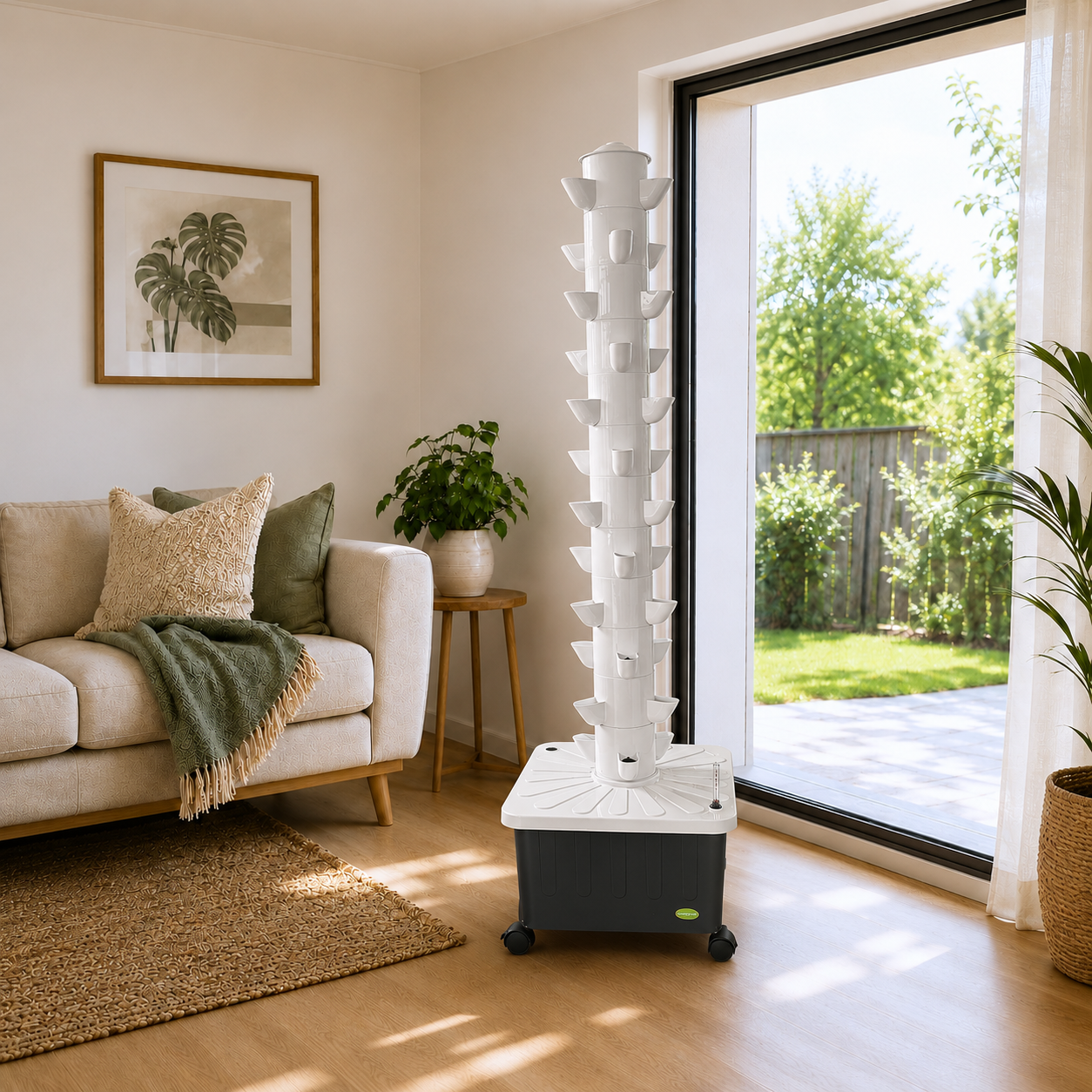 FlowGrow 12-layer hydroponic tower standing in a bright living room beside a sliding door.