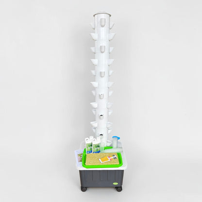 FlowGrow 12 Layer Hydroponic Tower with Starter Kit including Grow nutrients, rockwool cubes, net pots, pH test strips and seed starting essentials.