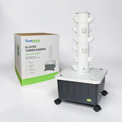 FlowGrow 6 Layer Hydroponic Tower Garden with retail packaging