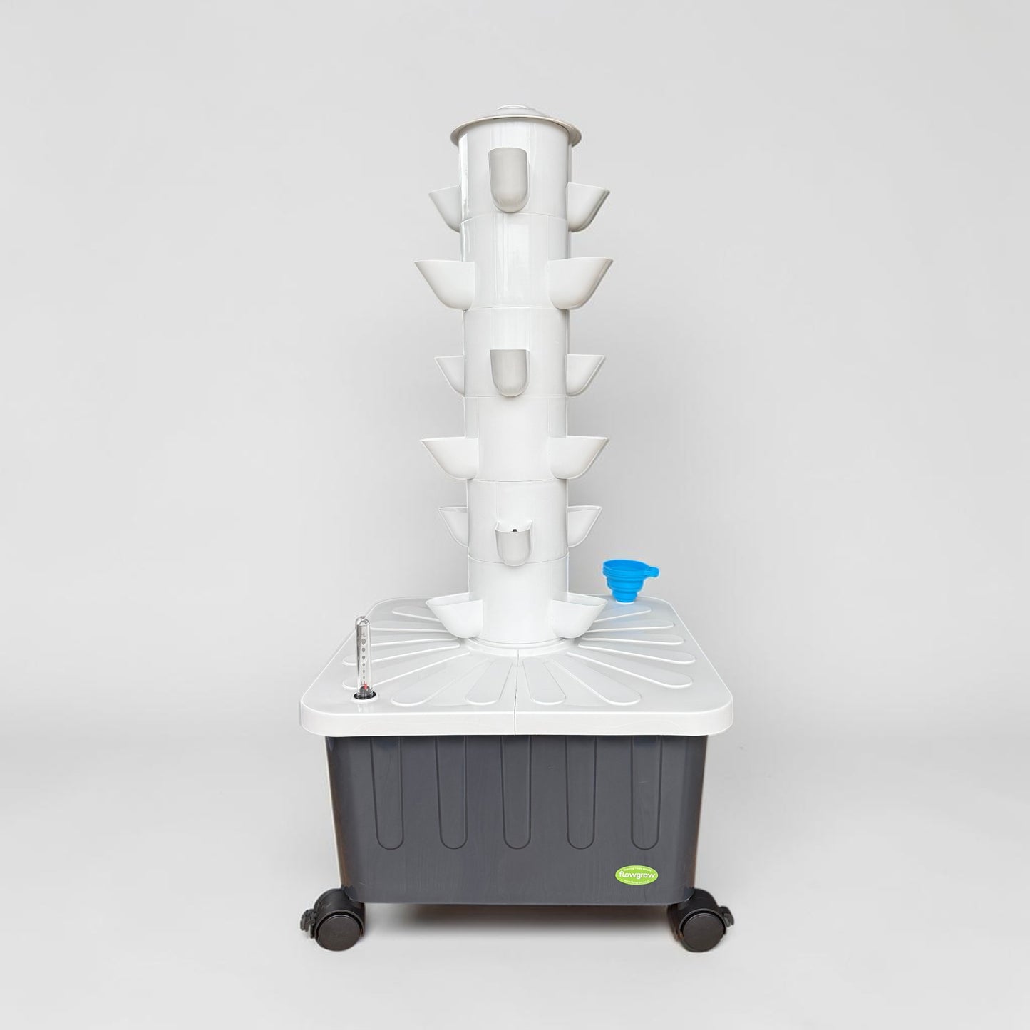 FlowGrow 6 Layer hydroponic tower with white growing column and dark grey base