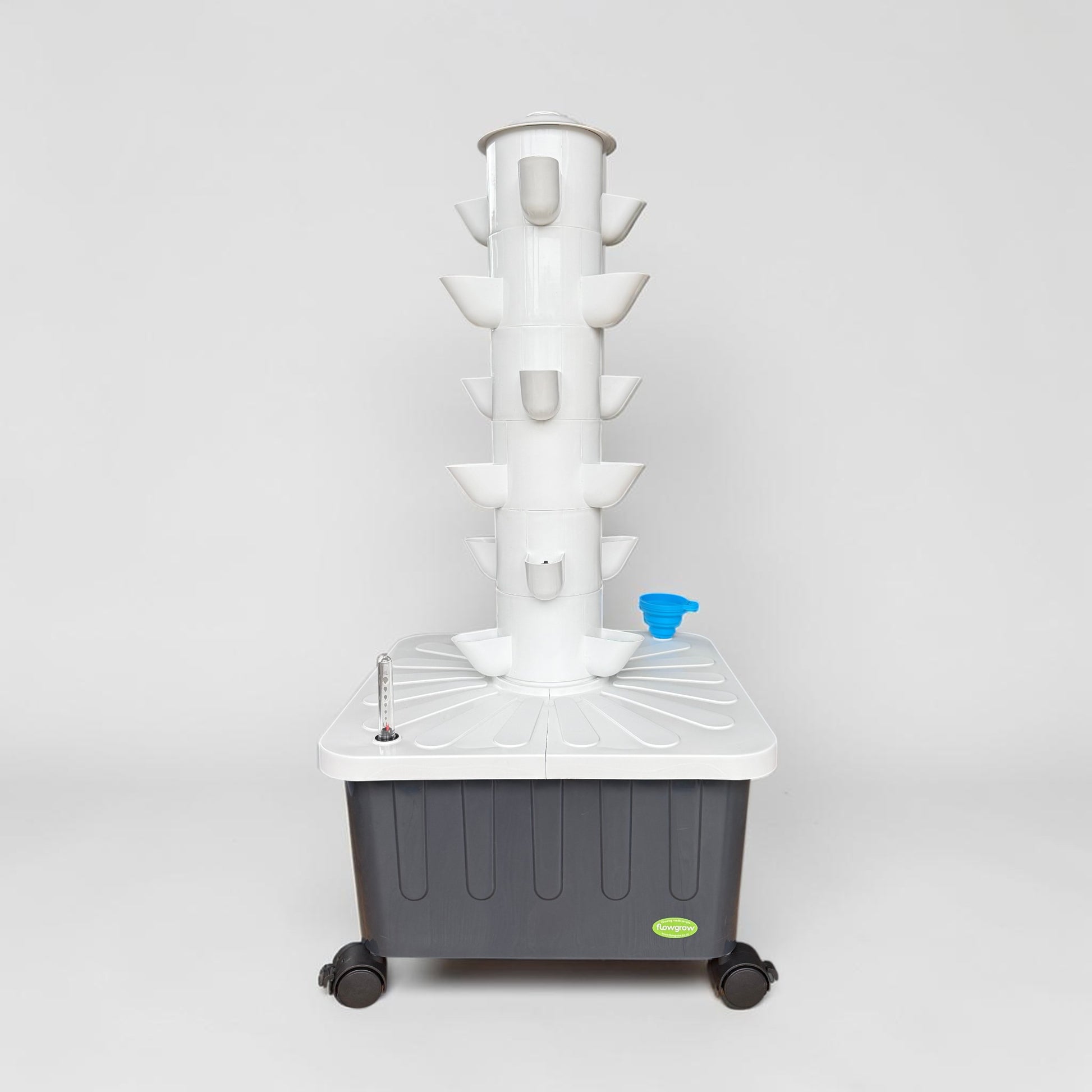 FlowGrow 6 Layer hydroponic tower with white growing column and dark grey base