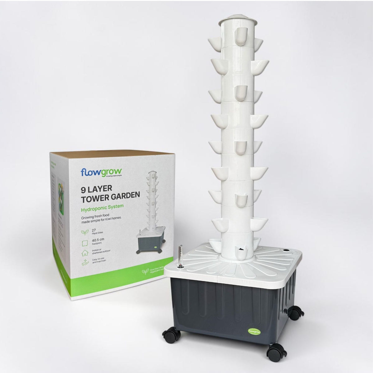 FlowGrow 9 Layer Hydroponic Tower Garden with retail packaging