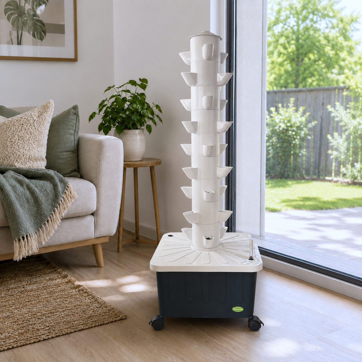 FlowGrow 9-layer hydroponic tower positioned in a bright living room near a sunny outdoor area in NZ home.