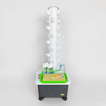 FlowGrow 9 Layer Hydroponic Tower with Starter Kit including Grow nutrients, rockwool cubes, net pots, pH test strips and seed starting essentials.