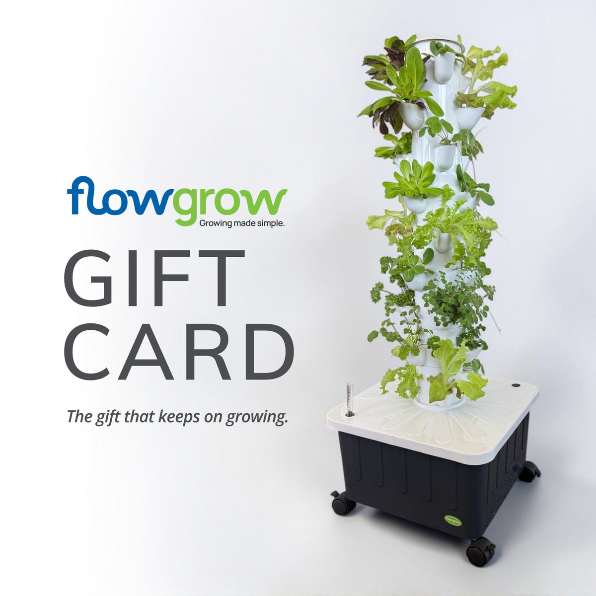 A promotional image for a FlowGrow gift card featuring a vertical hydroponic garden planter with green leafy plants growing in a white tower mounted on a black wheeled base, alongside the text 'flowgrow GIFT CARD The gift that keeps on growing.' on a clean white background.