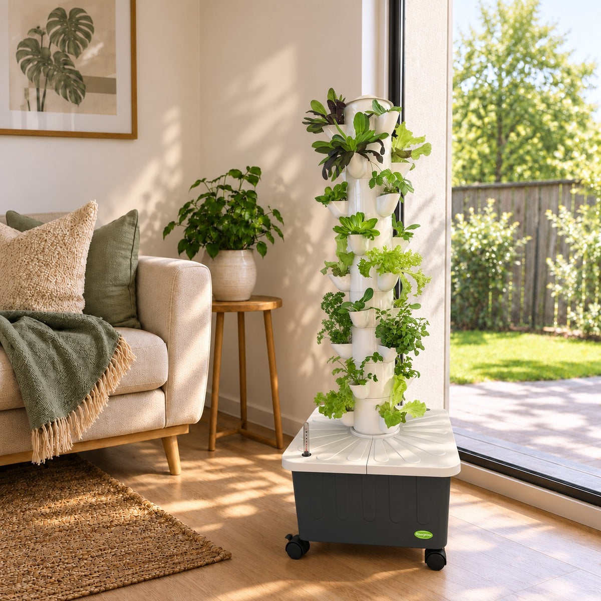 A vertical hydroponic tower with multiple tiers of green leafy plants, sitting 
 in a bright living room near a window overlooking a garden.
