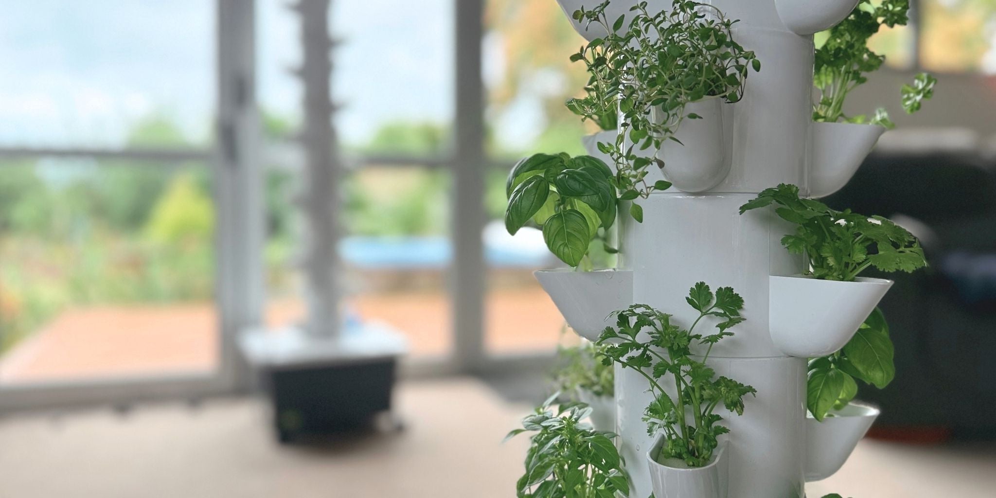 White hydroponic FlowGrow tower with plants growing in a NZ home - blurred indoor background